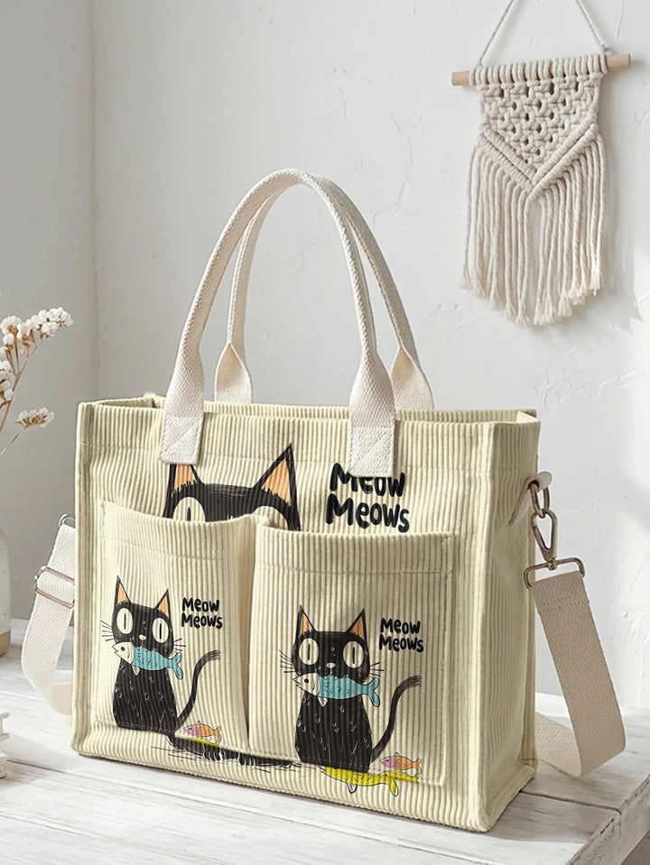Nelly | Sac cabas en velours côtelé chats noirs