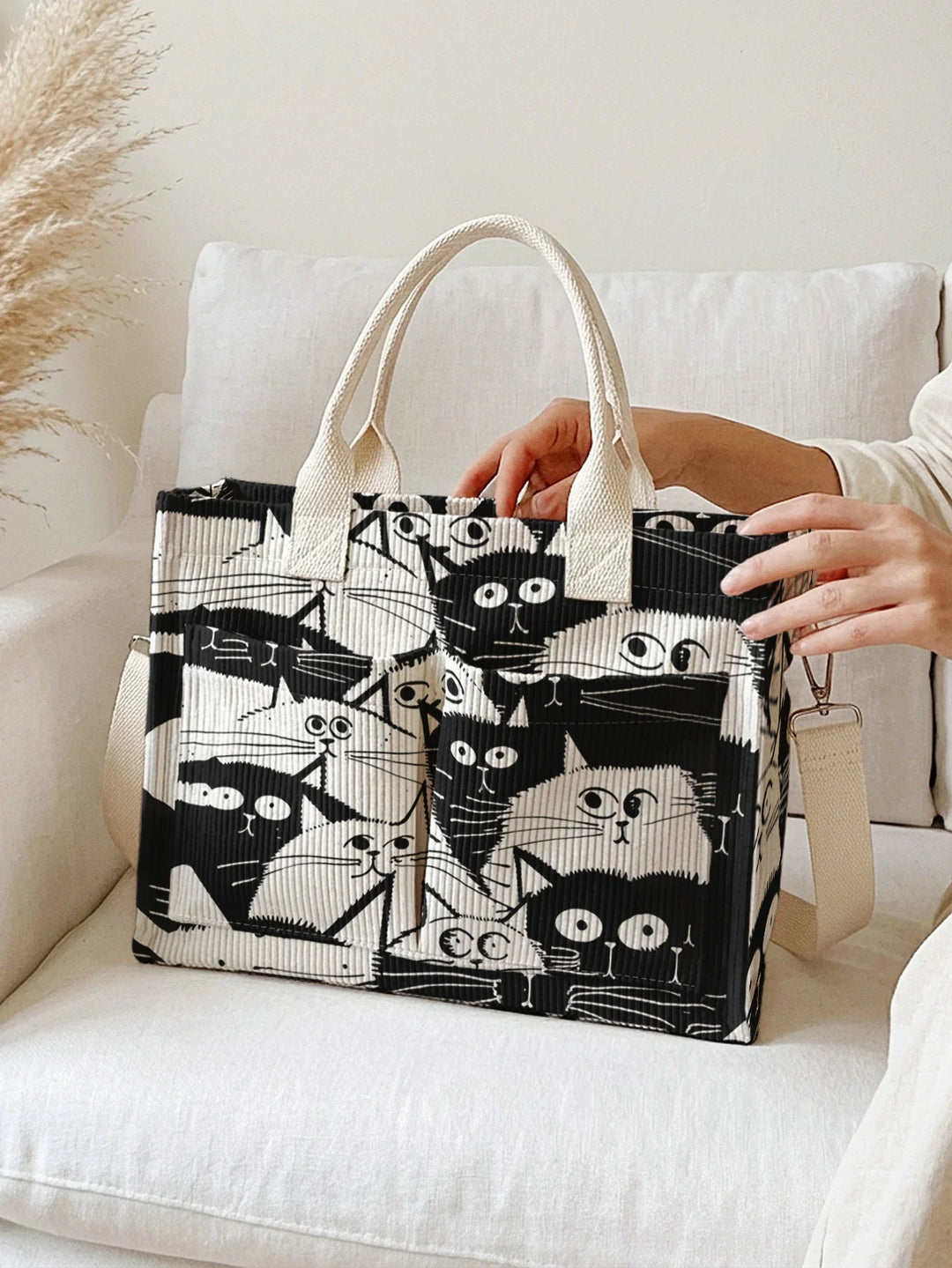 Ophélie | Sac cabas en velours côtelé chats noir et blanc