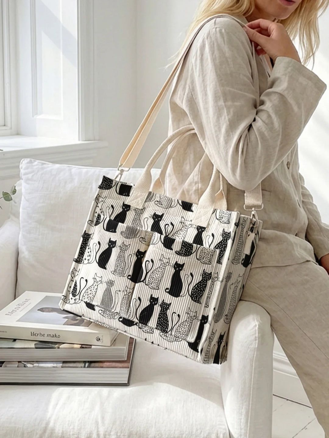 Noa | Sac cabas en velours côtelé petits chats graphiques