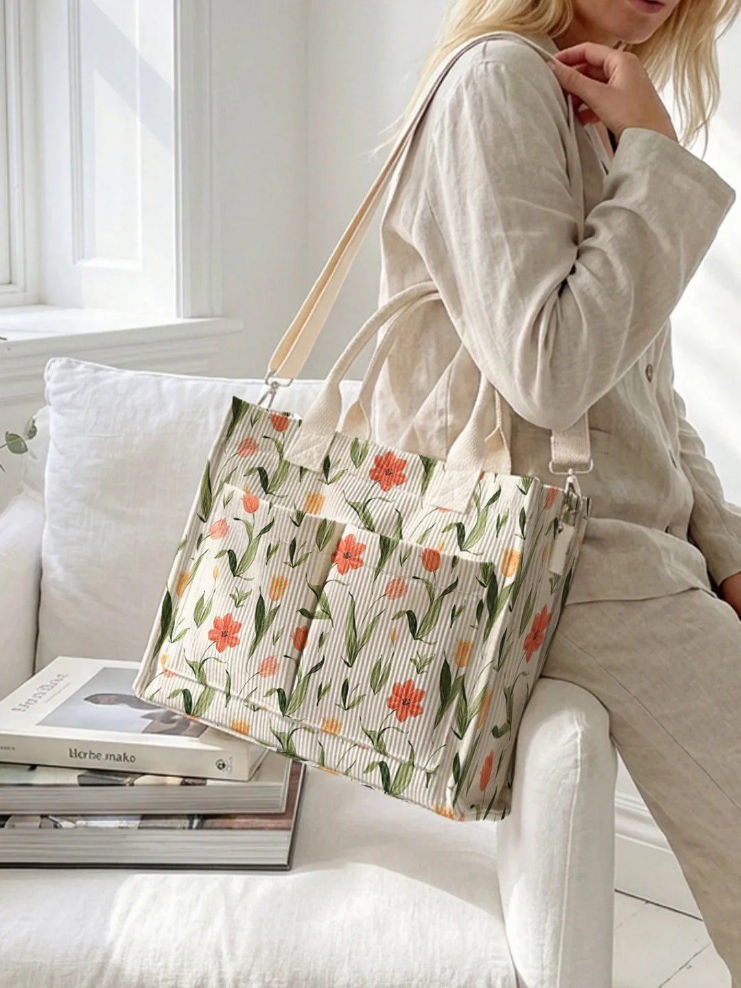 Yseult | Sac cabas en velours côtelé tulipes