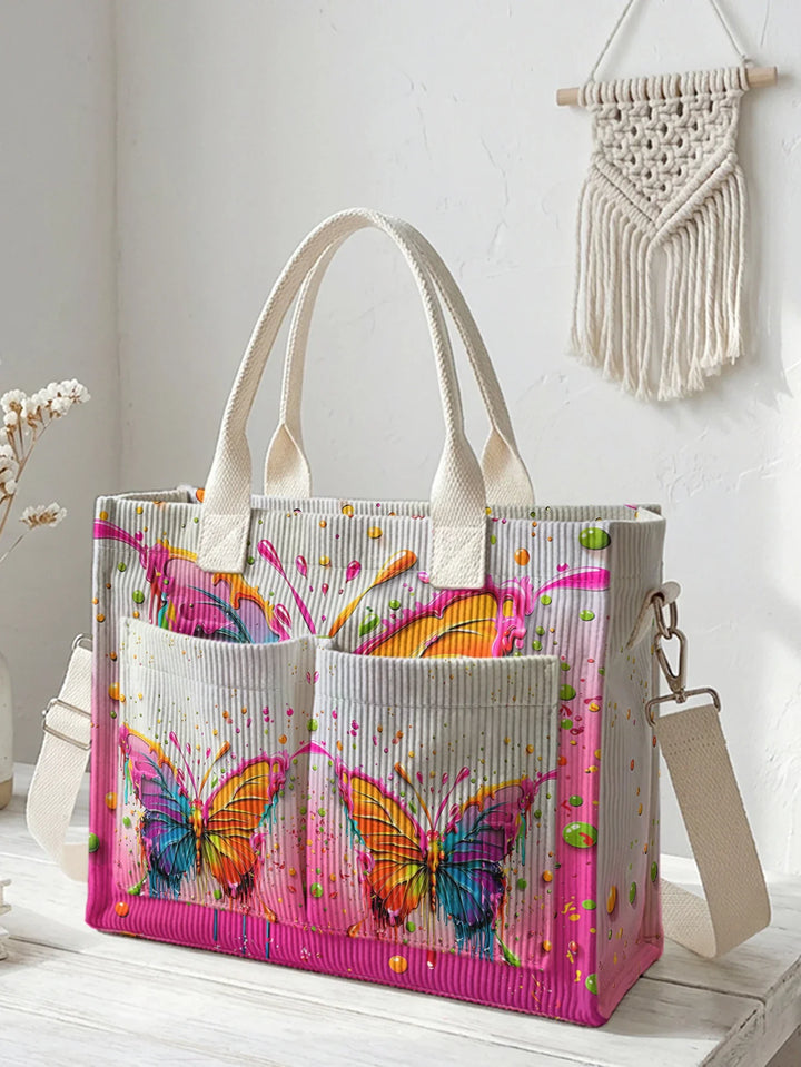 Tatiana | Sac cabas en velours côtelé papillon multicolore