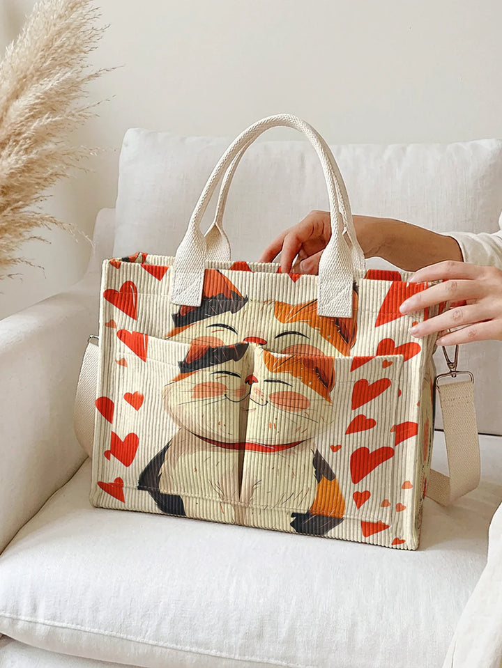 Naëlle | Sac cabas en velours côtelé chat porte-bonheur