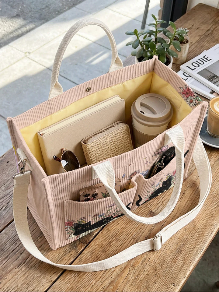 Nélia | Sac cabas en velours côtelé chat lecteur