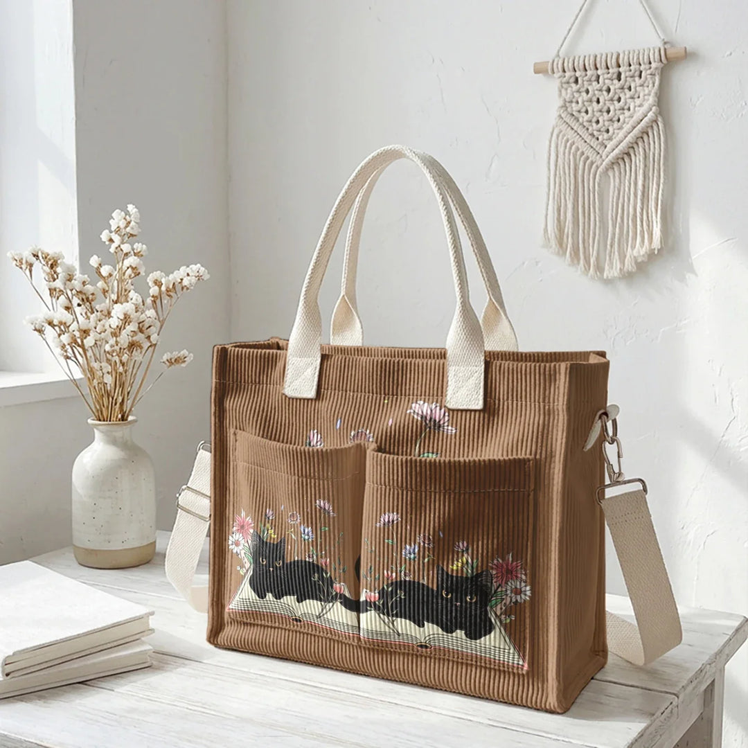 Nélia | Sac cabas en velours côtelé chat lecteur