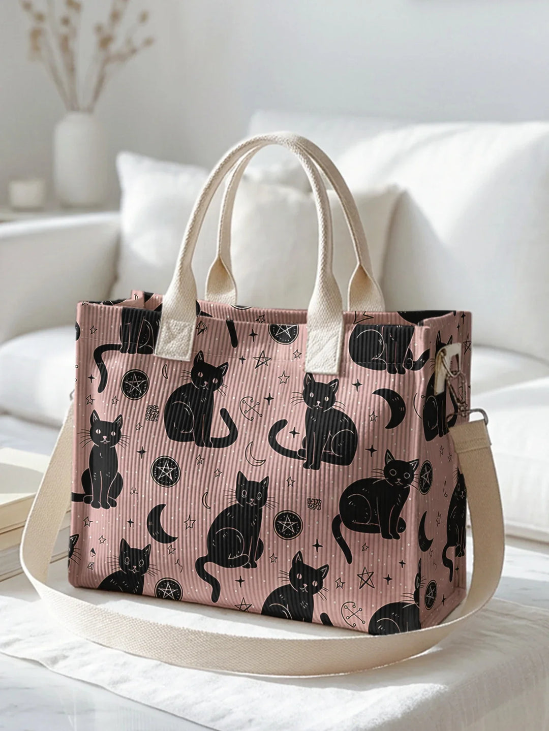 Orane | Sac cabas en velours côtelé chats et étoiles sur fond rose