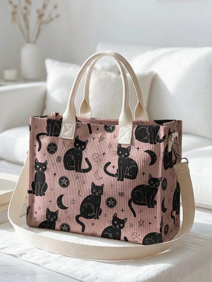 Orane | Sac cabas en velours côtelé chats et étoiles sur fond rose
