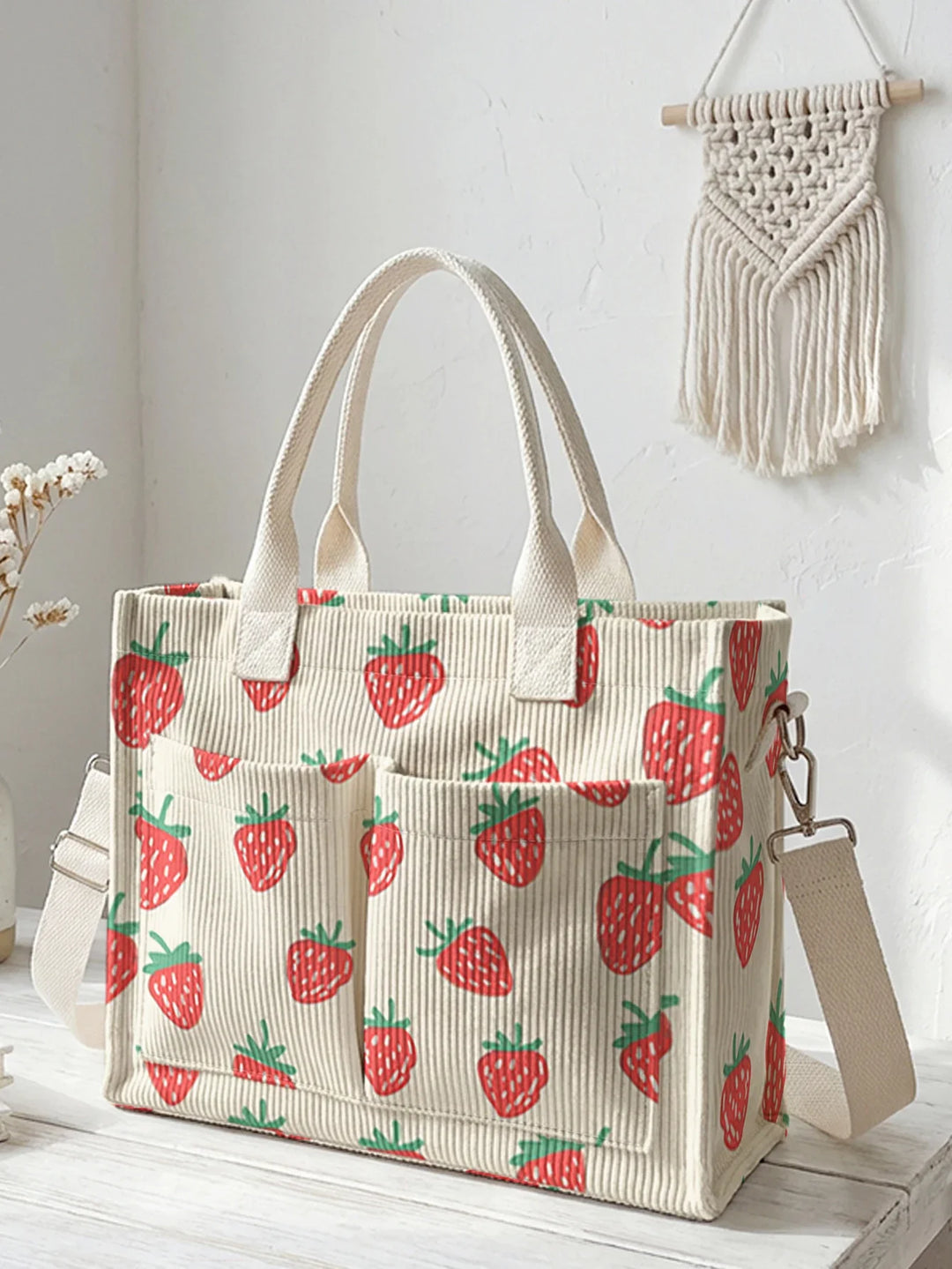 Ursule | Sac cabas en velours côtelé fraises