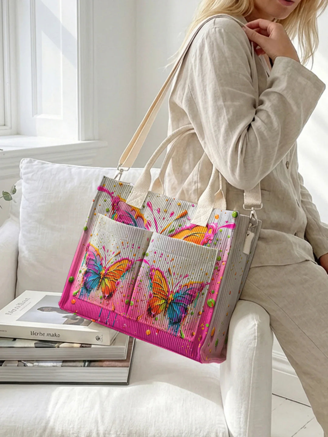 Tatiana | Sac cabas en velours côtelé papillon multicolore