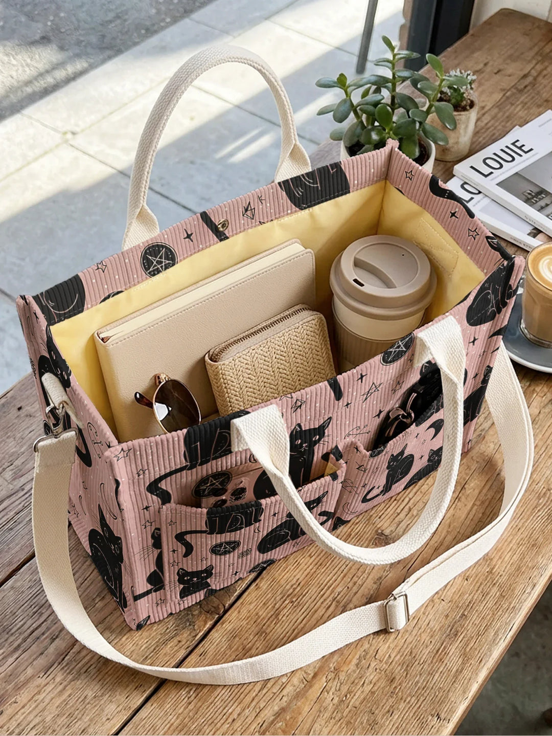 Orane | Sac cabas en velours côtelé chats et étoiles sur fond rose