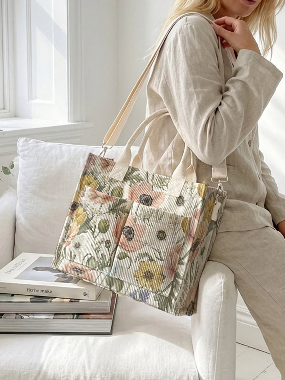 Théa | Sac cabas en velours côtelé anémones