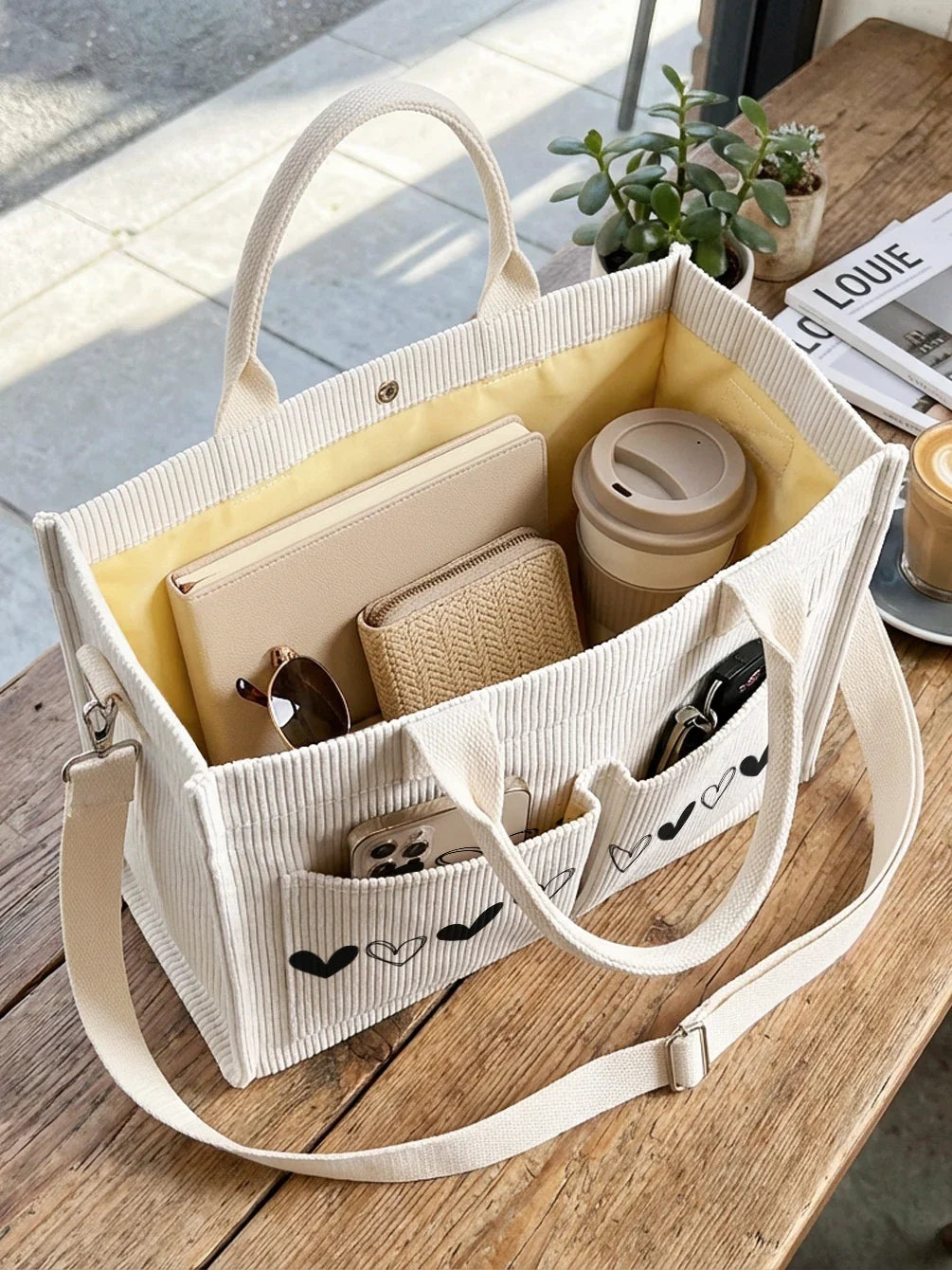 Yasmine | Sac cabas en velours côtelé cœurs noirs