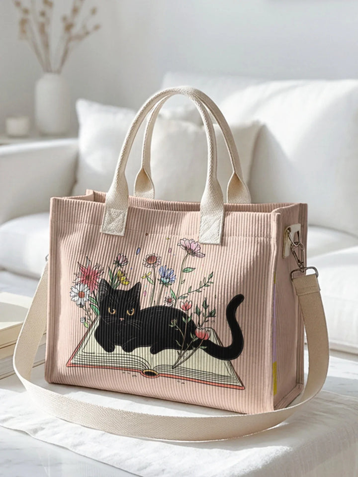 Nélia | Sac cabas en velours côtelé chat lecteur