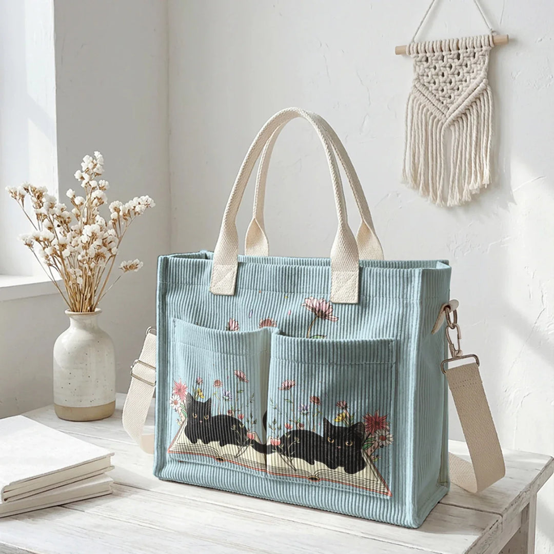 Nélia | Sac cabas en velours côtelé chat lecteur