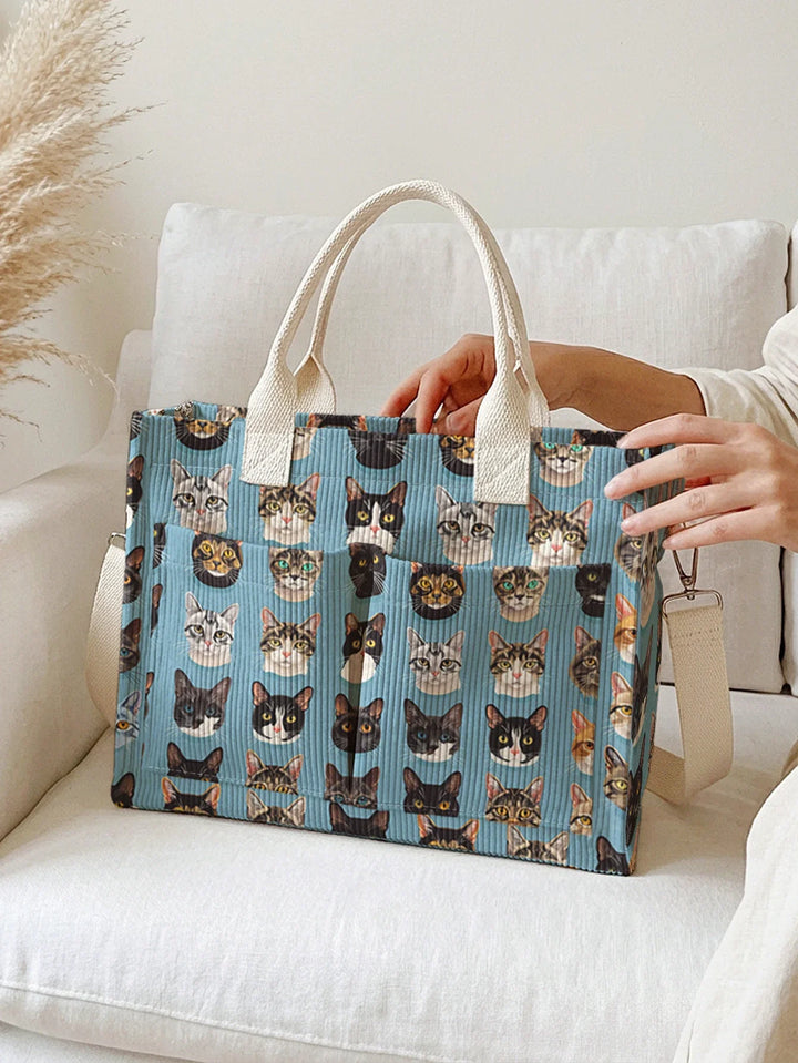 Nolène | Sac cabas en velours côtelé chats sur fond bleu
