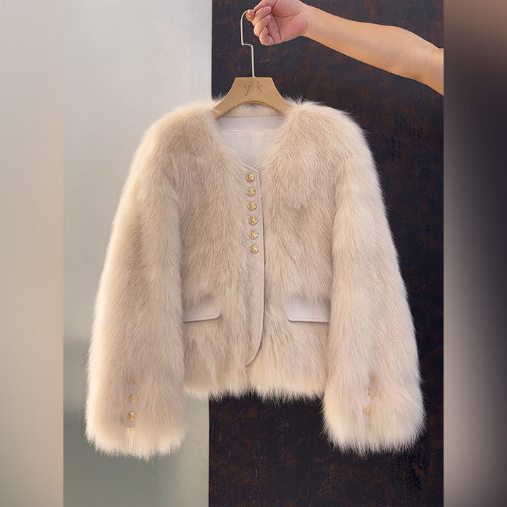 Angèle | Veste courte effet fourrure à boutons dorés