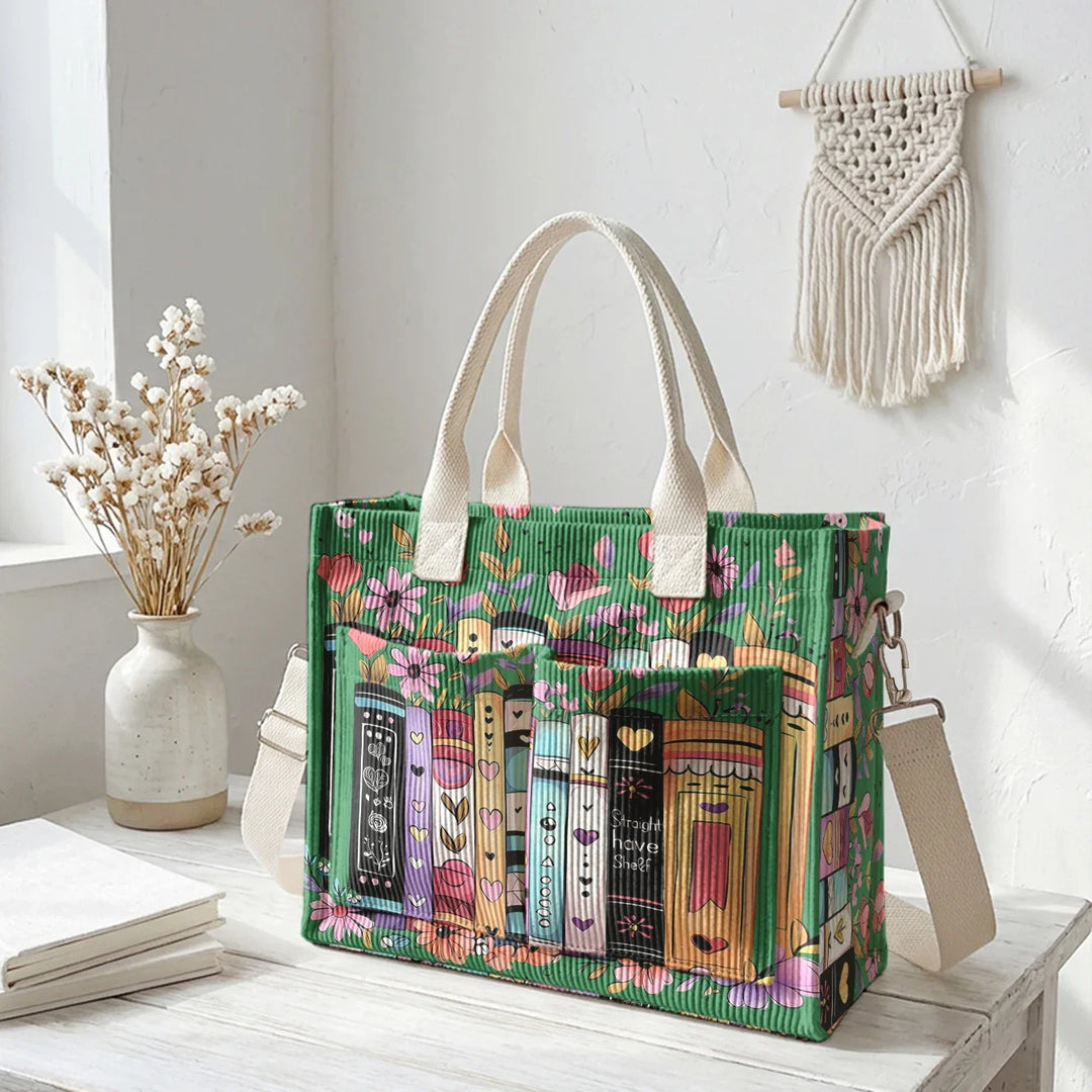 Ysé | Sac cabas en velours côtelé livres et fleurs