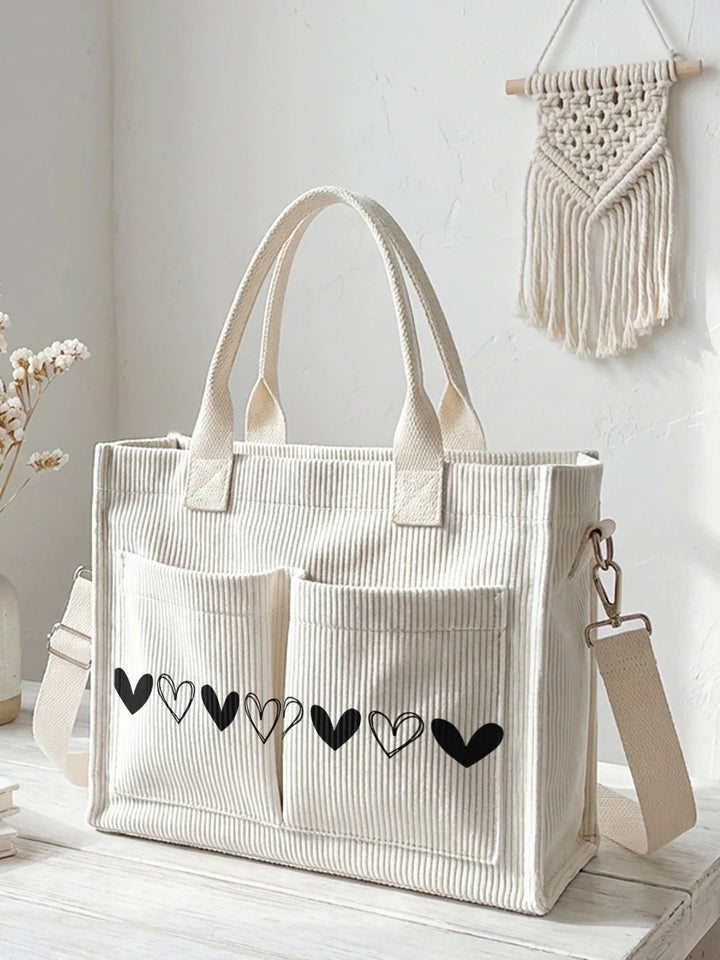 Yasmine | Sac cabas en velours côtelé cœurs noirs