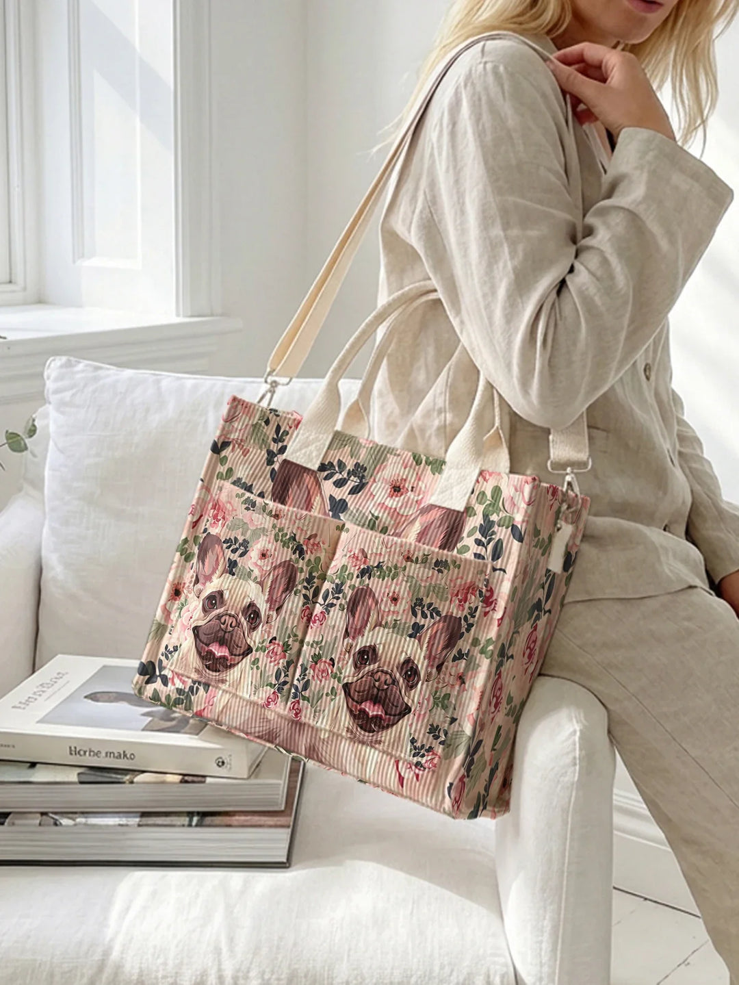 Pétronille | Sac cabas en velours côtelé bouledogue fleuri