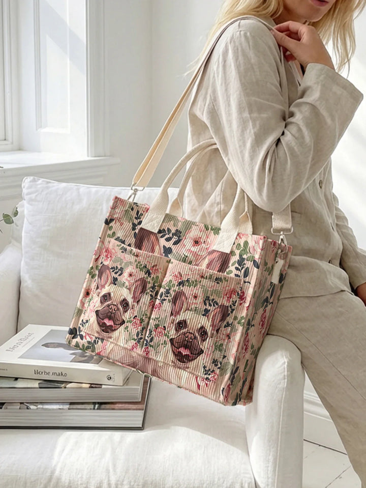 Pétronille | Sac cabas en velours côtelé bouledogue fleuri