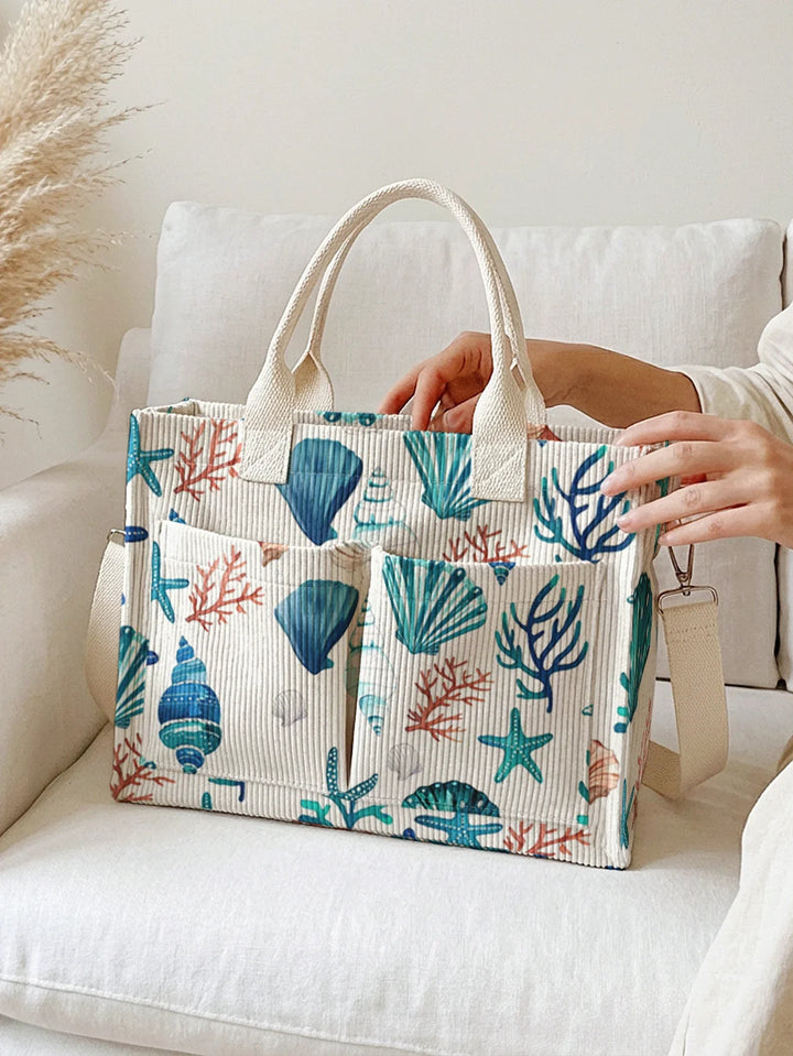 Servane | Sac cabas en velours côtelé coquillages et coraux