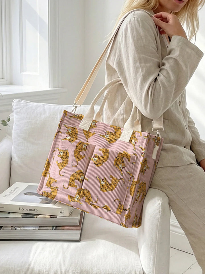 Ségolène | Sac cabas en velours côtelé félins sur fond rose