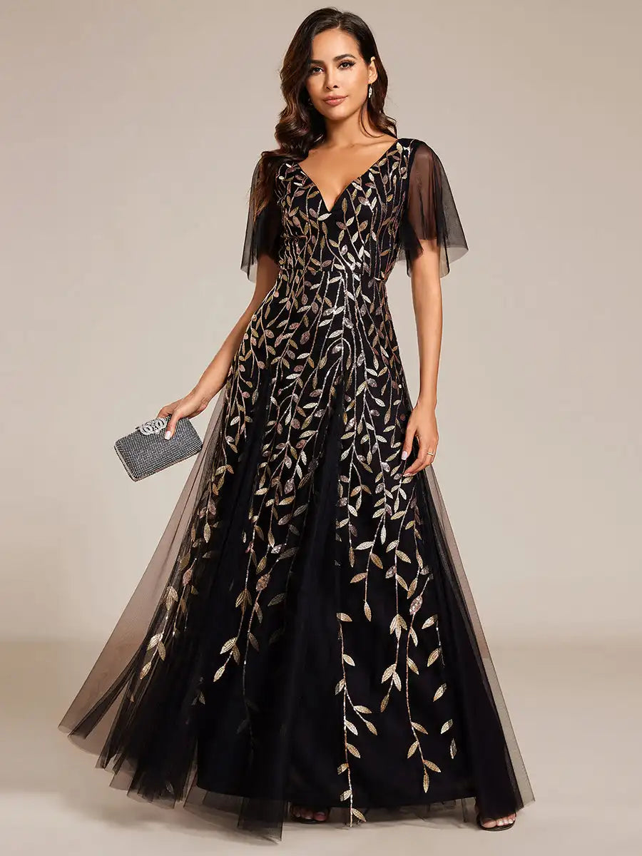 Tessa | Robe de Soirée avec Manches Volantes en Sequins