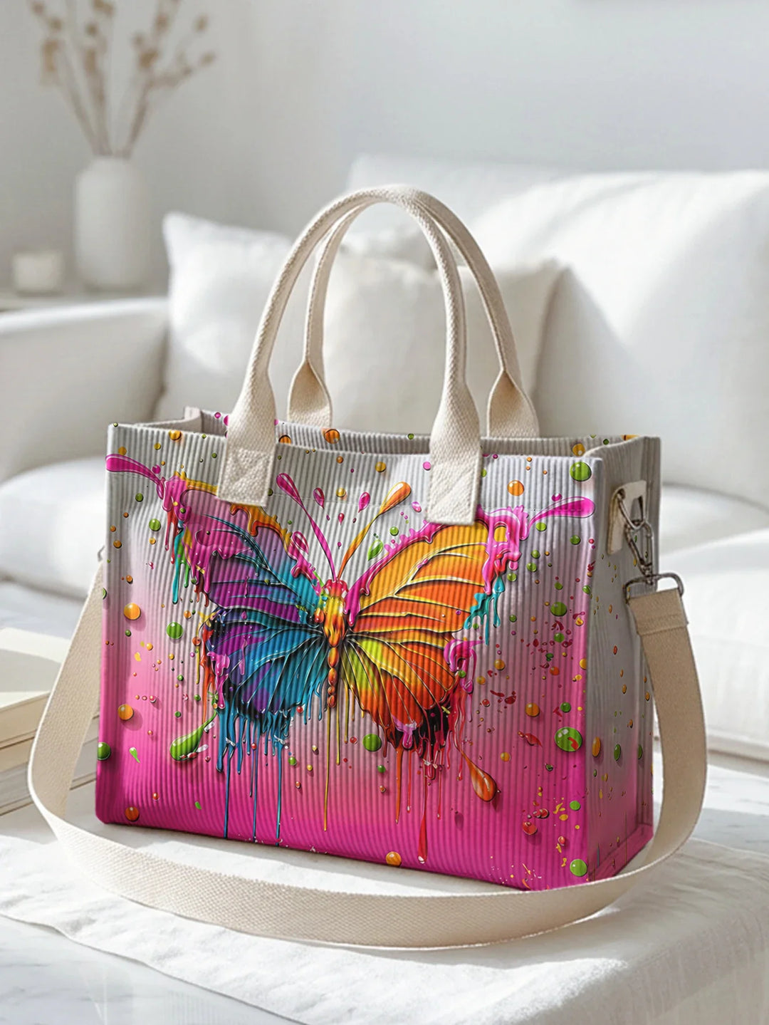 Tatiana | Sac cabas en velours côtelé papillon multicolore
