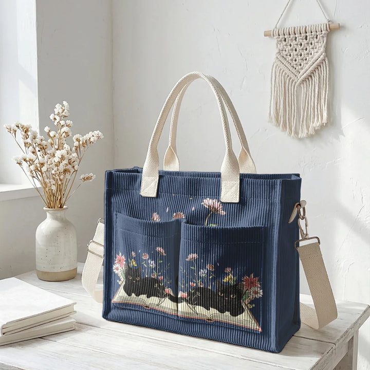 Nélia | Sac cabas en velours côtelé chat lecteur