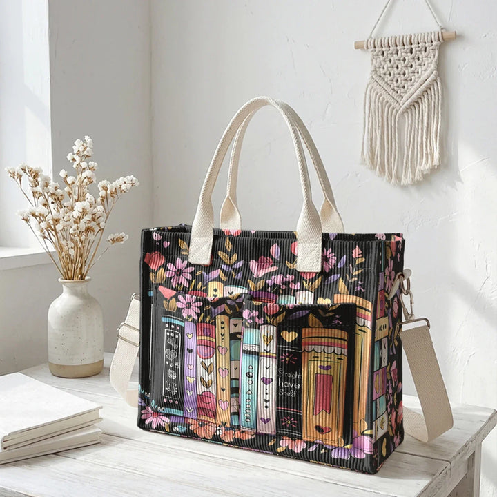 Ysé | Sac cabas en velours côtelé livres et fleurs