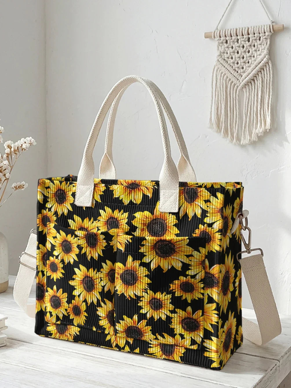 Yvette | Sac cabas en velours côtelé tournesols sur fond noir