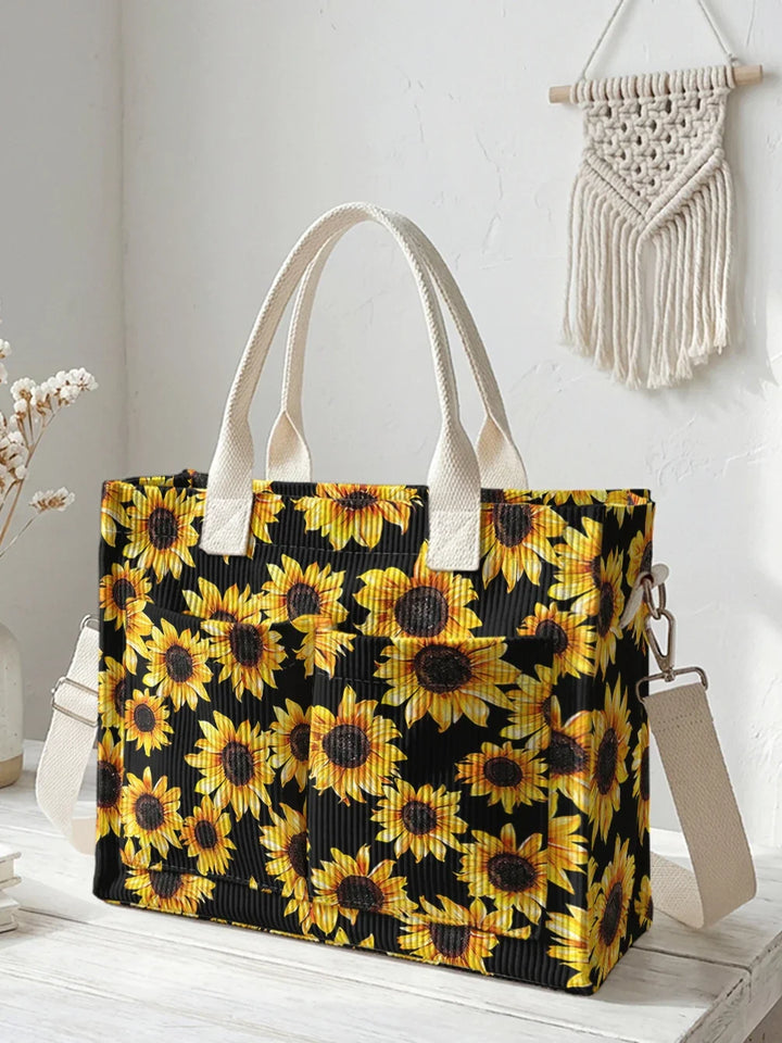 Yvette | Sac cabas en velours côtelé tournesols sur fond noir