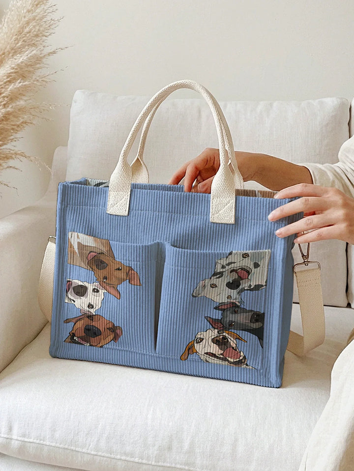 Régine | Sac cabas en velours côtelé chiens joyeux sur fond bleu