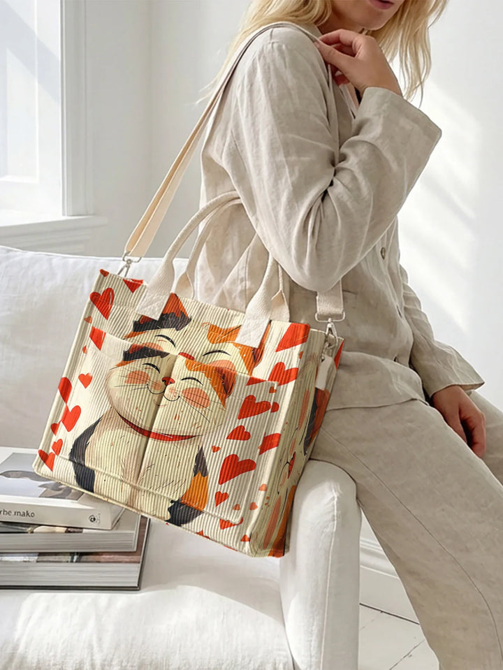 Naëlle | Sac cabas en velours côtelé chat porte-bonheur