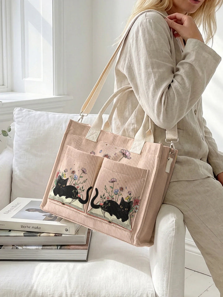 Nélia | Sac cabas en velours côtelé chat lecteur