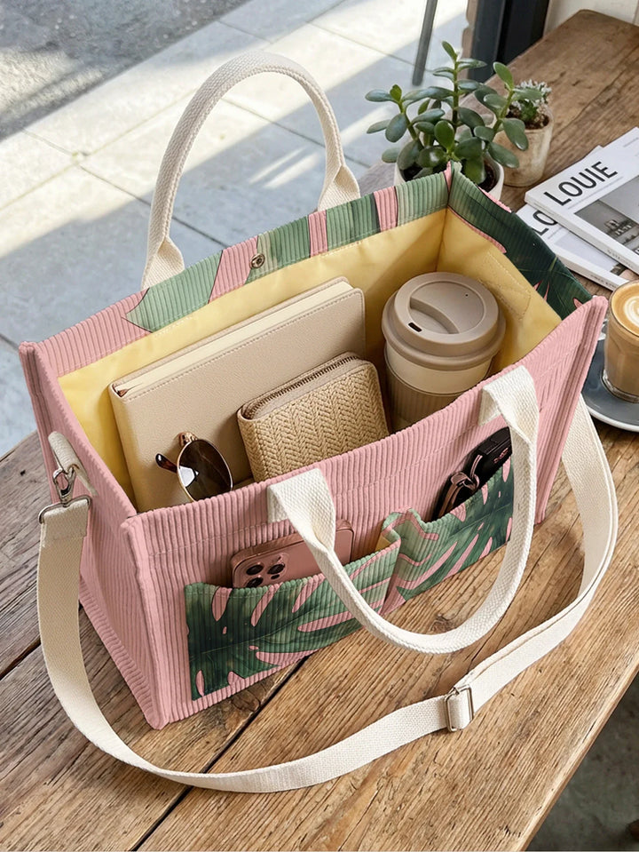 Violaine | Sac cabas en velours côtelé feuille de monstera