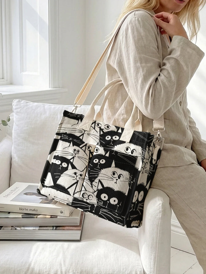 Ophélie | Sac cabas en velours côtelé chats noir et blanc