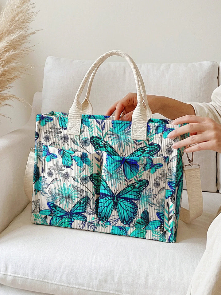 Rolande | Sac cabas en velours côtelé papillons turquoise