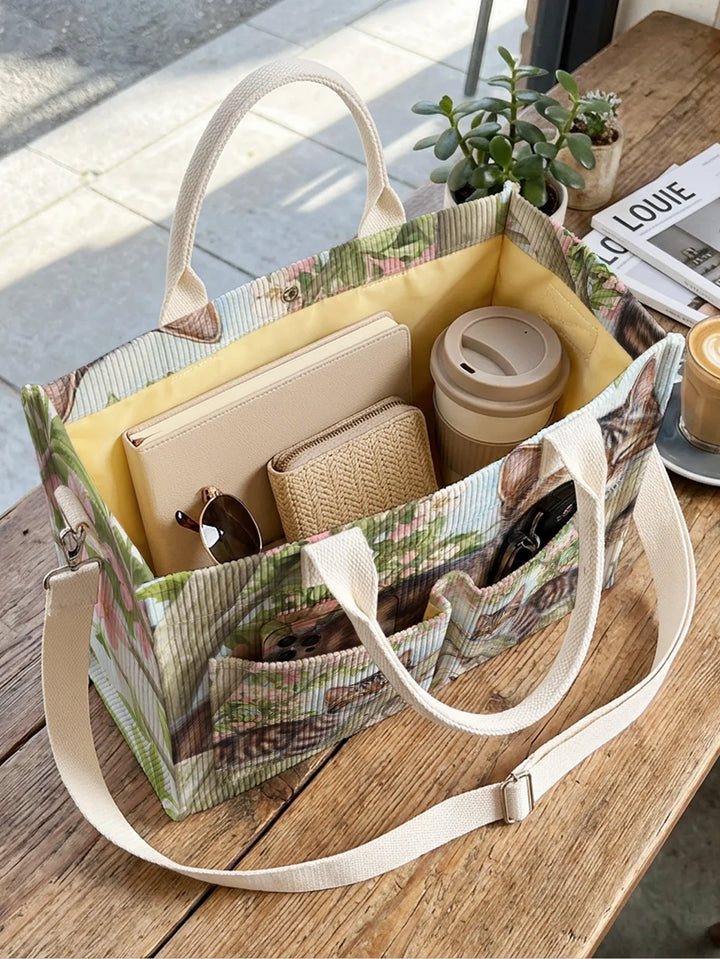 Oanez | Sac cabas en velours côtelé chat tigré fleuri