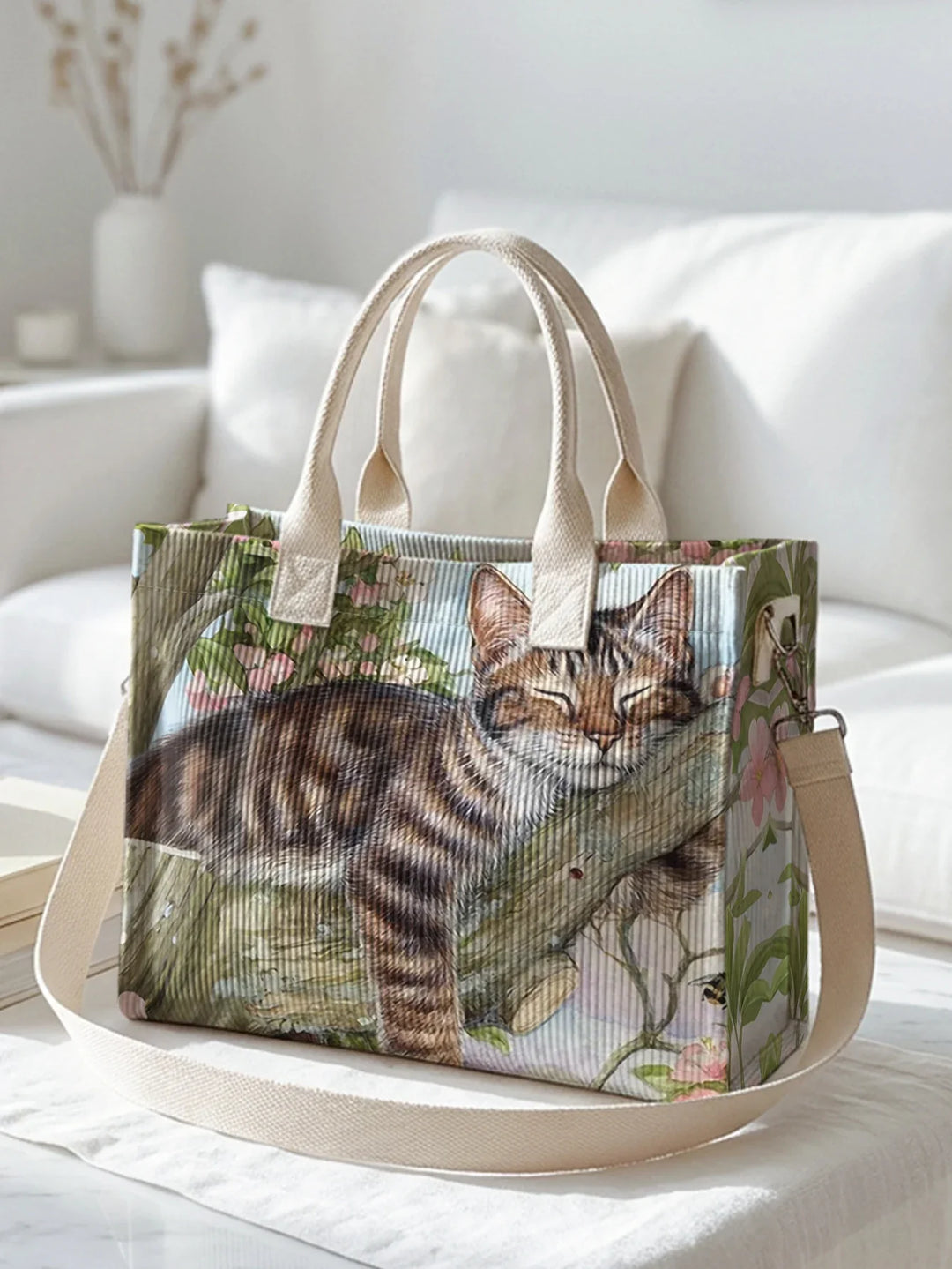 Oanez | Sac cabas en velours côtelé chat tigré fleuri
