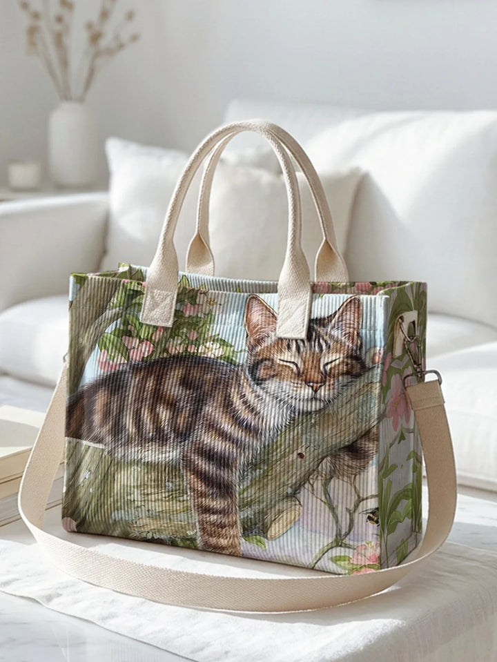 Oanez | Sac cabas en velours côtelé chat tigré fleuri