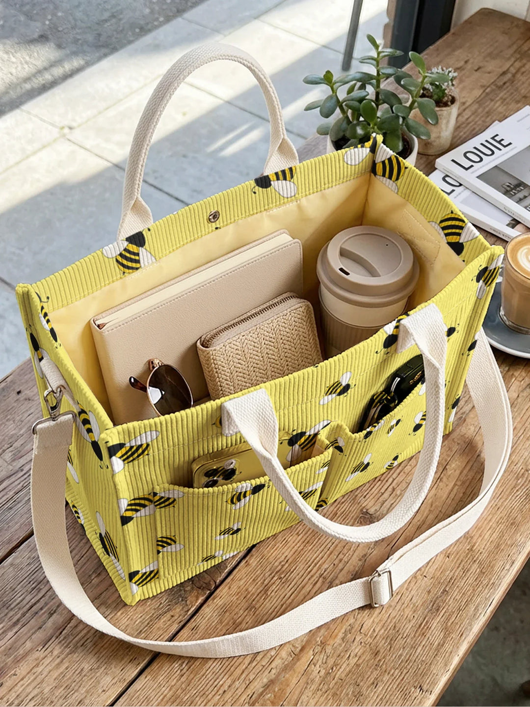 Renée | Sac cabas en velours côtelé petites abeilles
