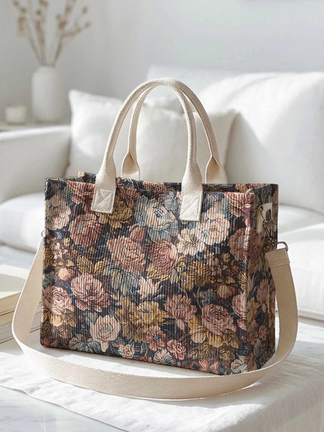 Vanina | Sac cabas en velours côtelé fleurs vintage