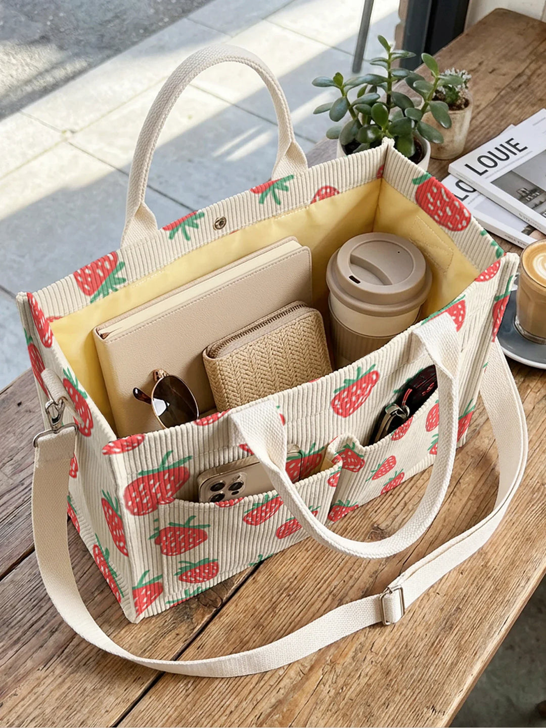 Ursule | Sac cabas en velours côtelé fraises