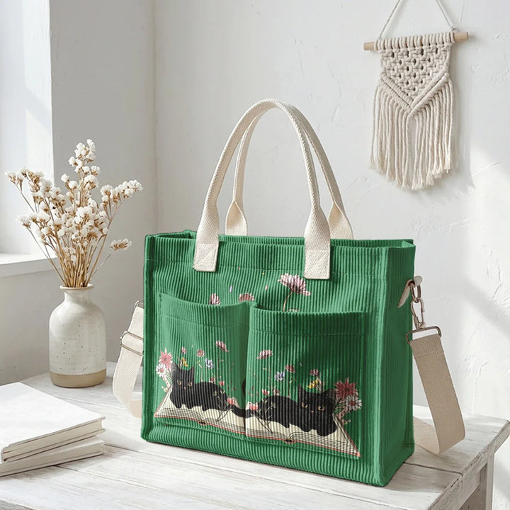 Nélia | Sac cabas en velours côtelé chat lecteur