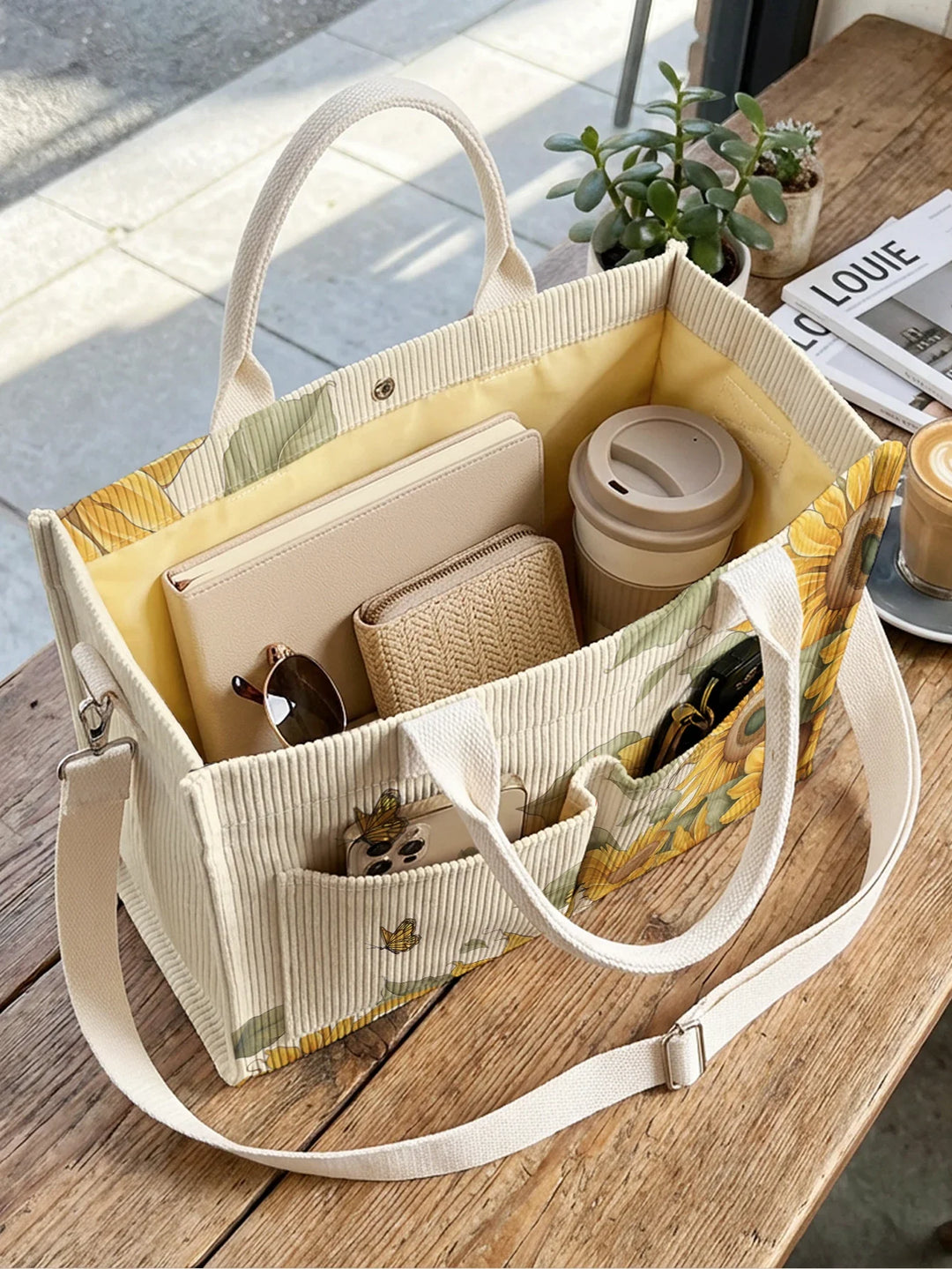 Sélène | Sac cabas en velours côtelé papillon et tournesols