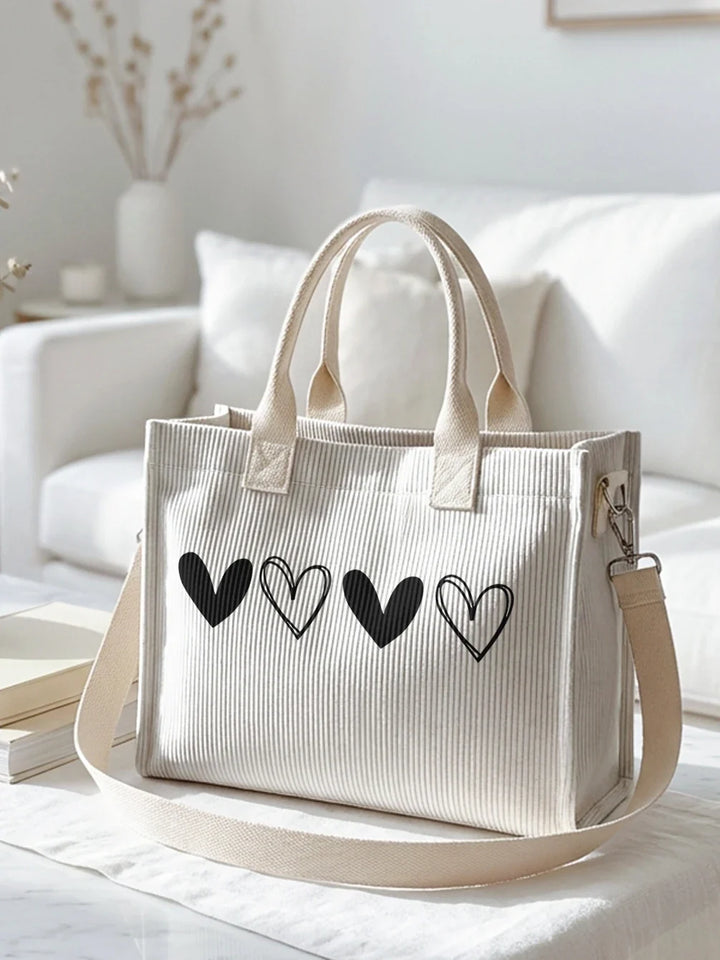 Yasmine | Sac cabas en velours côtelé cœurs noirs