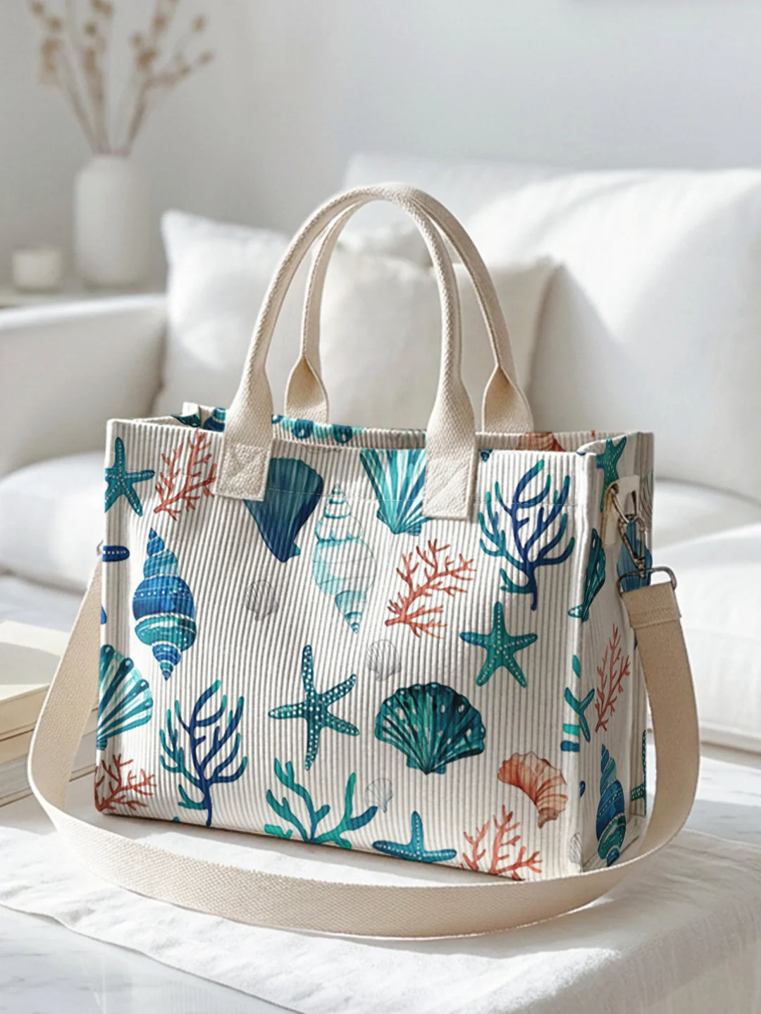 Servane | Sac cabas en velours côtelé coquillages et coraux