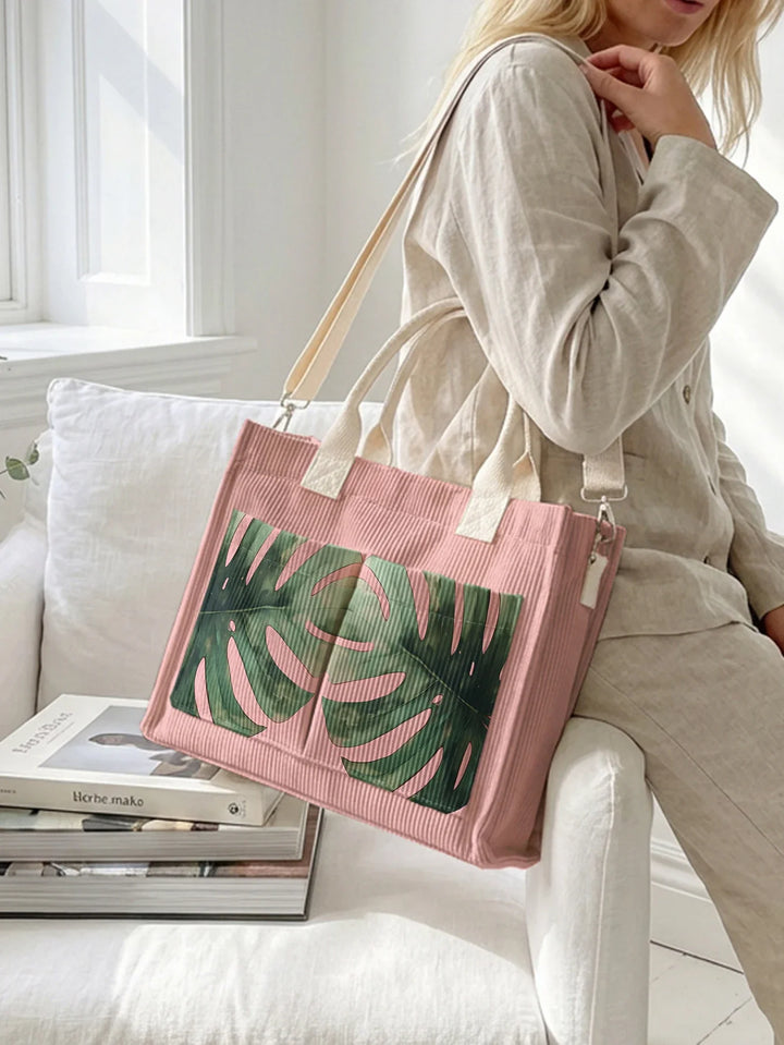 Violaine | Sac cabas en velours côtelé feuille de monstera