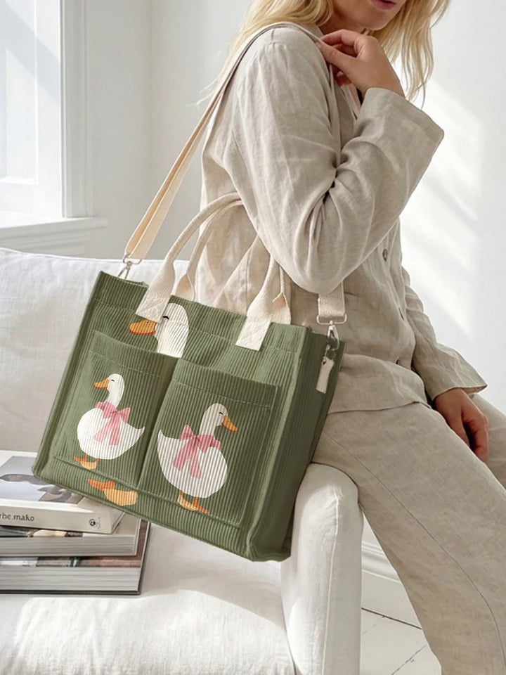 Sacha | Sac cabas en velours côtelé canards à nœud rose