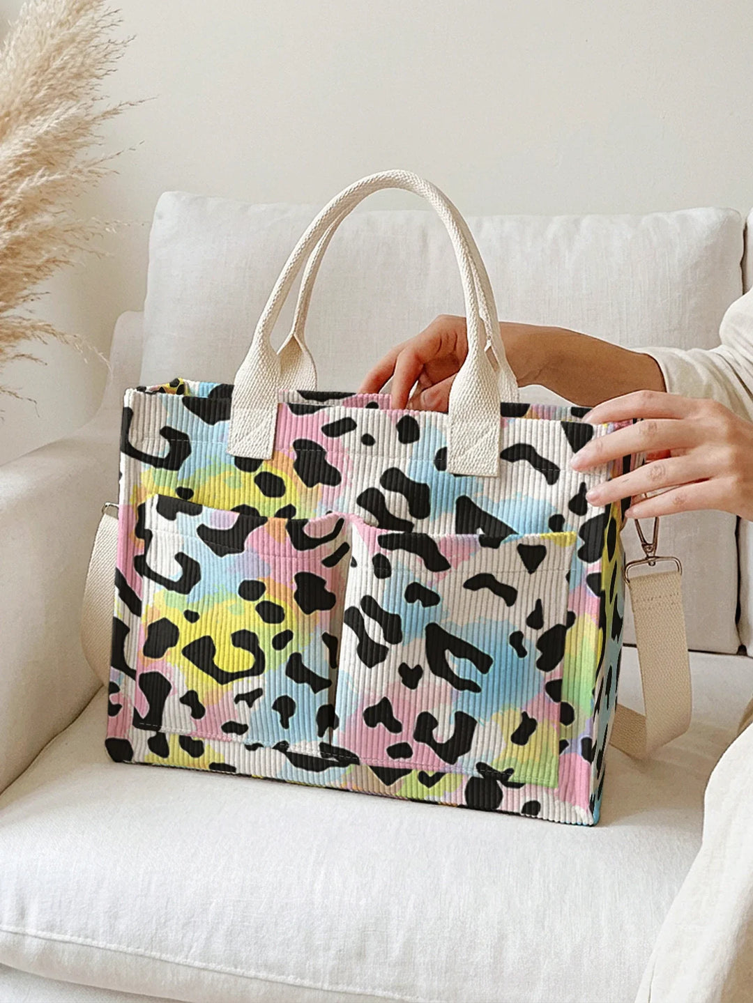 Raymonde | Sac cabas en velours côtelé léopard pastel